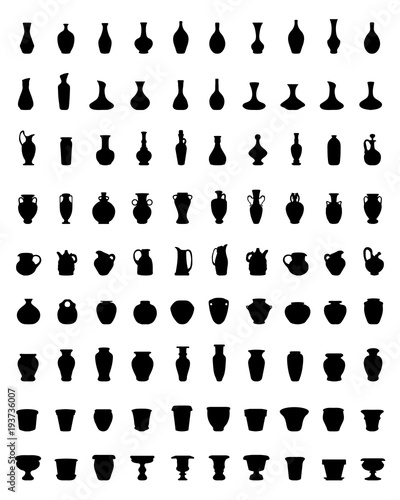 Black silhouettes of pottery, jars, bowls and vases, vector