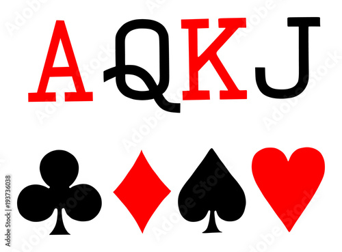 Set of playing card symbols vector on white background. Spade, heart, club, diamond, ace, queen, king, jack.