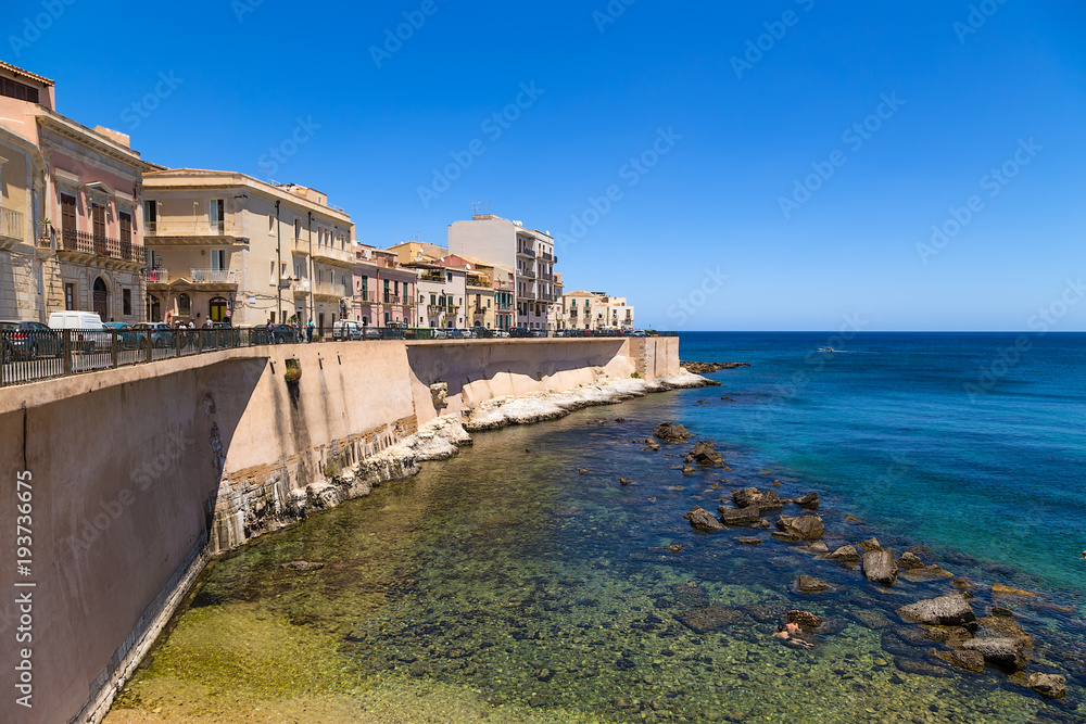 Syracuse, Italy. Quay on the island of Ortygia, ancient shore fortifications