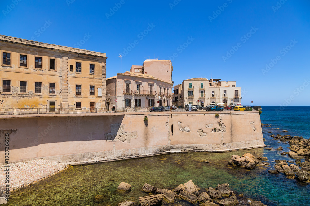 Syracuse, Italy. Embankment on the island of Ortygia, an ancient fortress wall