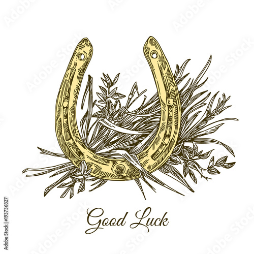 Good luck. Golden horseshoe and straw. Engraving style. Vector illustration.