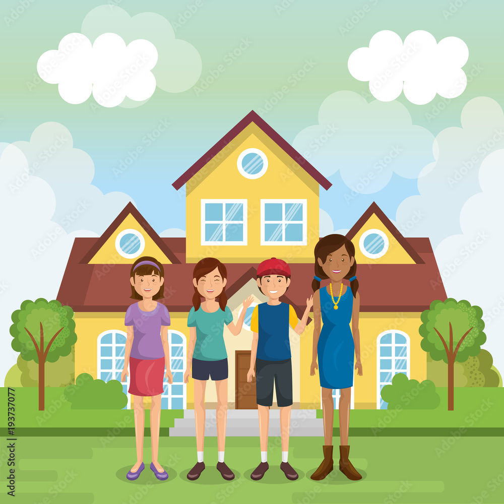 family members outside of the house vector illustration design
