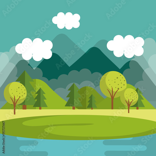 landscape with mountains and lake scene vector illustration design