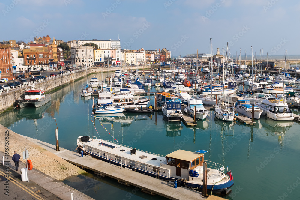 The marina of the Royal Harbour of Ramsgate, Kent, UK. The town has one of the largest marinas on the English  south coast. It  was given its royal status by King George IV