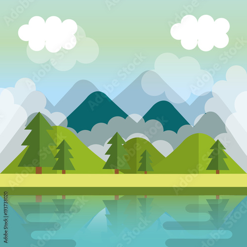 landscape with mountains and lake scene vector illustration design