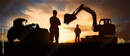 Silhouette of working men on background photo