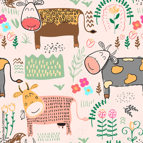 Seamless pattern background with cow. Vector illustration.