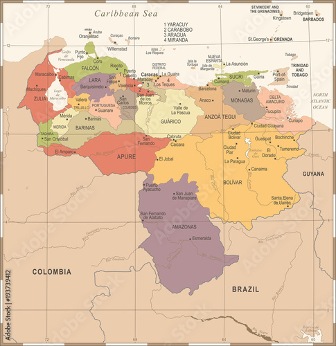 Obraz na płótnie Venezuela Map - Vintage Detailed Vector Illustration