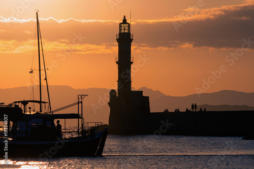 Old Venetan harbour in Chania Greece during sunset.