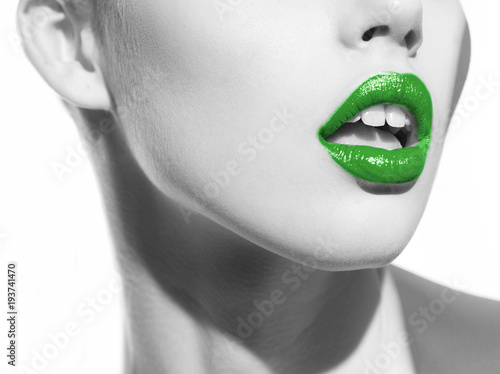 Green lips on black and white photo