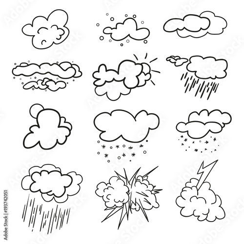 Weather elements on isolation background. Collection. Doodles for design. Hand drawn simple symbols. Line art. Set of different signs. Abstract illustration for a weather forecast. Art creation