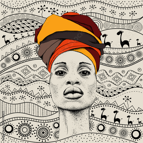 African woman with African in turban, tribal background. Beautiful black woman. Vector illustration