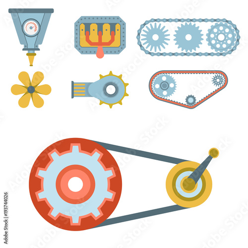 Machine parts different mechanism vector mechanical manufacturing work detail design gear equipment industry technical machining engine illustration.