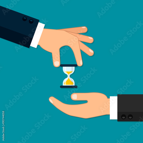 Hand giving the sand clock illustration. Vector isolated time economy concept