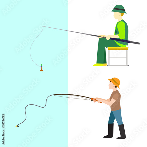 Fishing fishermen vector catches fish fisher threw rod into water catch and spin, man pulls net out of the river character vector illustration
