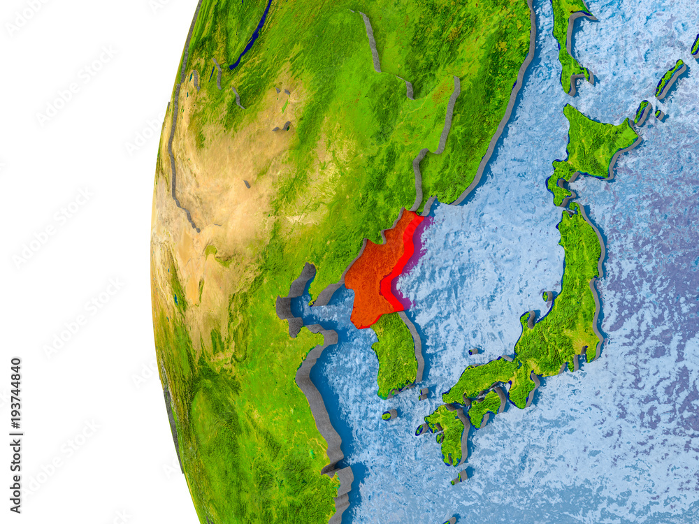 Map of North Korea on model of globe