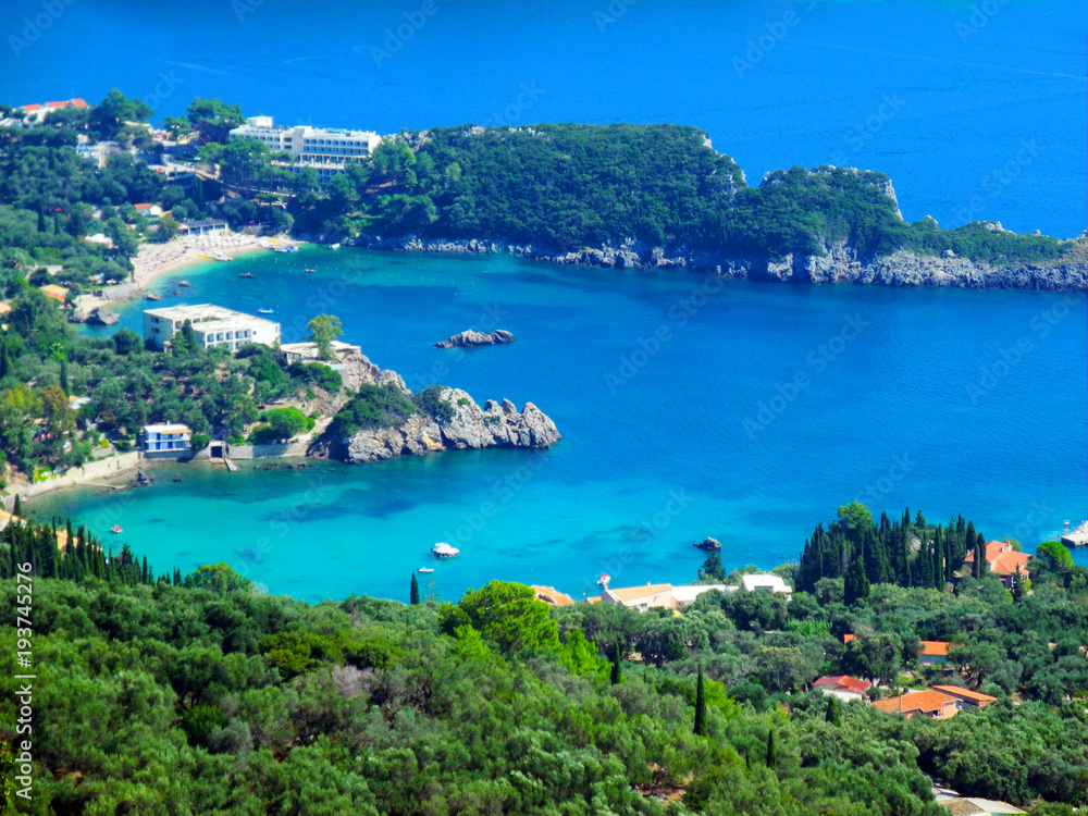 Heart-shaped bay, romantic, Paleokastrica beach on Corfu Kerkyra, Greece. Ionian sea. Bay with crystal clear azur water.