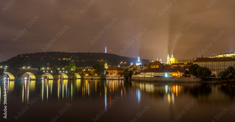 Charles Bridge, Prague Castle and Prague's Venice at night. Prague, Czech Republic