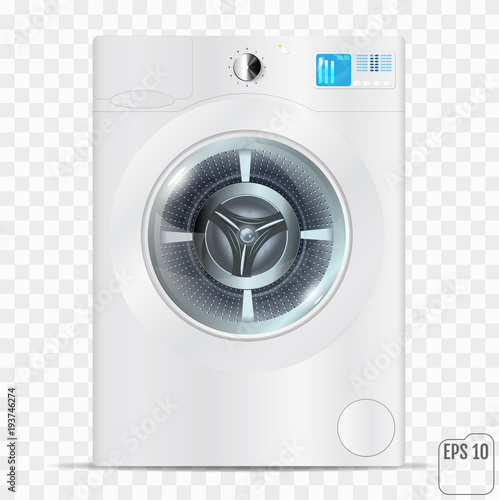 White Washing Machine Isolated on a Transparent Background. Front View of Stainless Steel Steam Washer. Front Load Washing Machine with Electronic Control Panel.