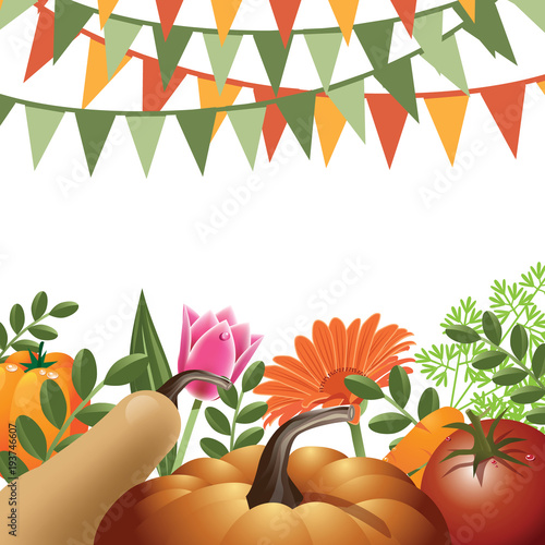 Gardening background with bunting, vegetables and flowers. EPS10 vector illustration.