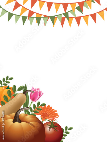Gardening background with bunting, vegetables and flowers. EPS10 vector illustration.