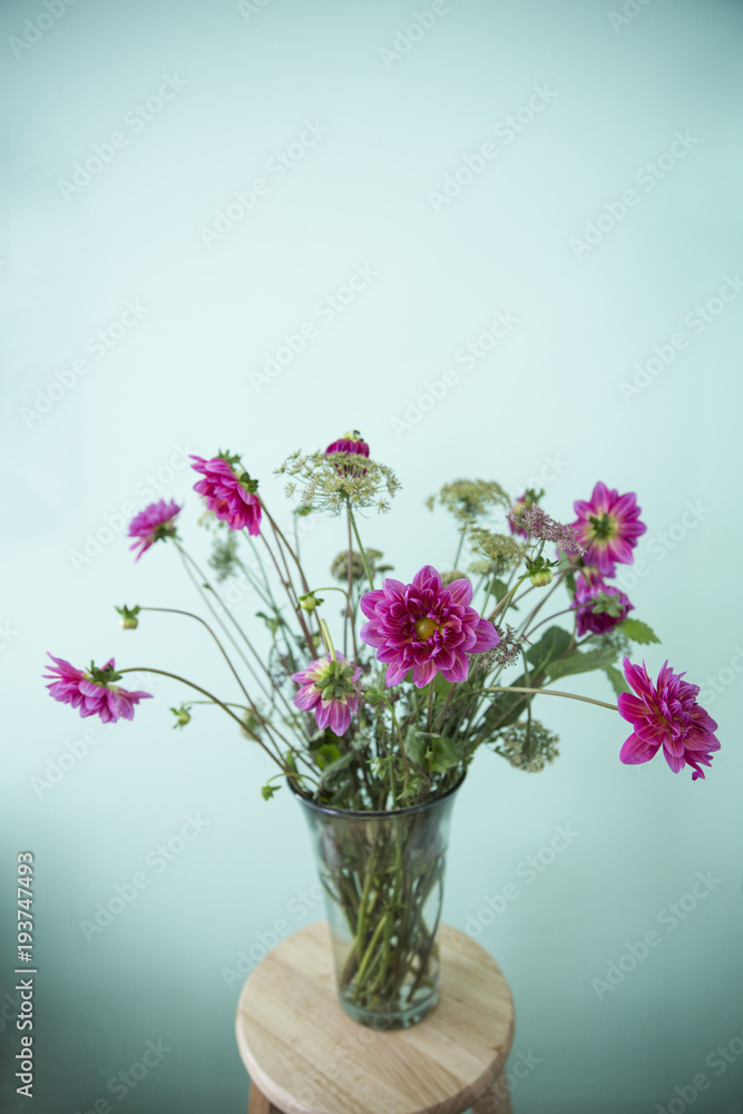 Bright pink flowers against a green wall