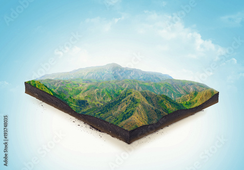 Isolated a cross section of ground with mountains and meadows. 3d illustration