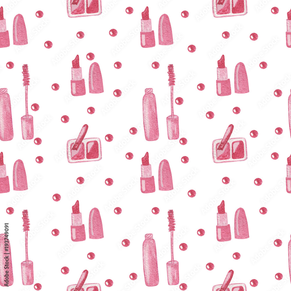 A seamless pattern with the makeup tools eyeshadow, lipstick in a watercolor A seamless pattern with the makeup tools eyeshadow, lipstick in a watercolor