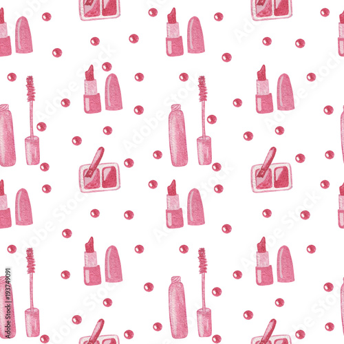 A seamless pattern with the makeup tools eyeshadow, lipstick in a watercolor