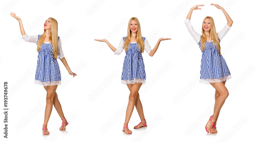 Caucasian woman in plaid blue dress isolated on white Caucasian woman in plaid blue dress isolated on white