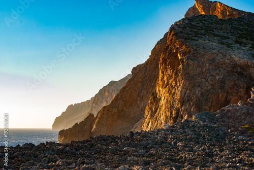 A rocky beach in Antikythera island in Greece. A remoted island between Kythera and Crete.  photo