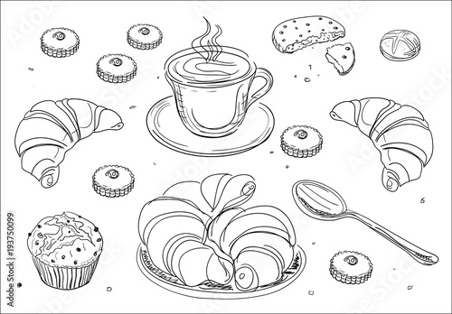  Coffee and breakfast - hand drawn vector illustration