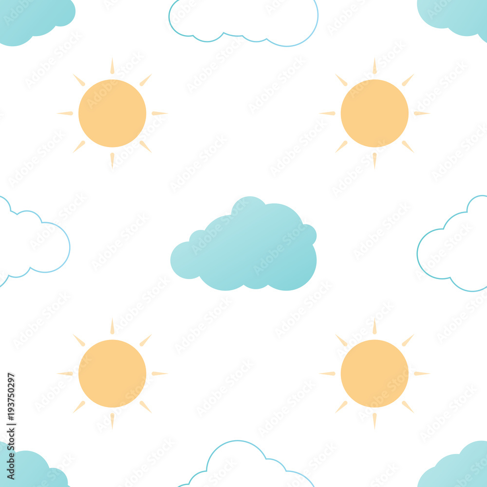 Seamless pattern with clouds and sun on a white background. Vector repeating texture.