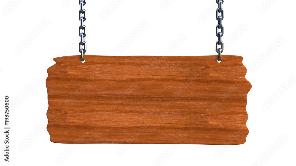 Sign wooden blank board hanging on chains and space for text. 3d illustration Sign wooden blank board hanging on chains and space for text. 3d illustration