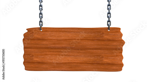 Sign wooden blank board hanging on chains and space for text. 3d illustration