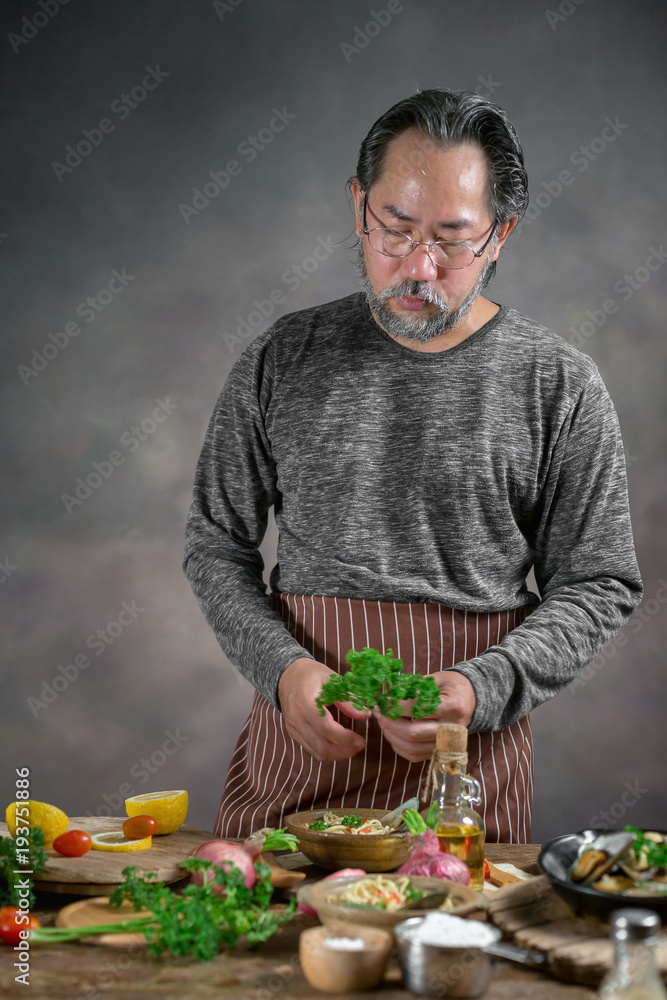 Man cook chef hipster with handsome bearded face