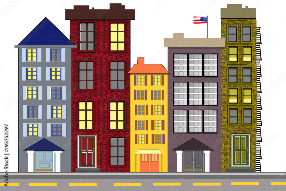 An Illustrtion of a City Block with Apartment Buildings and Businesses
