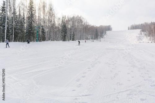 The ski slope. Ski slope in the forest. Beautiful winter forest in the taiga. Trees under the snow. Track for skiers. © Sergey_Siberia88