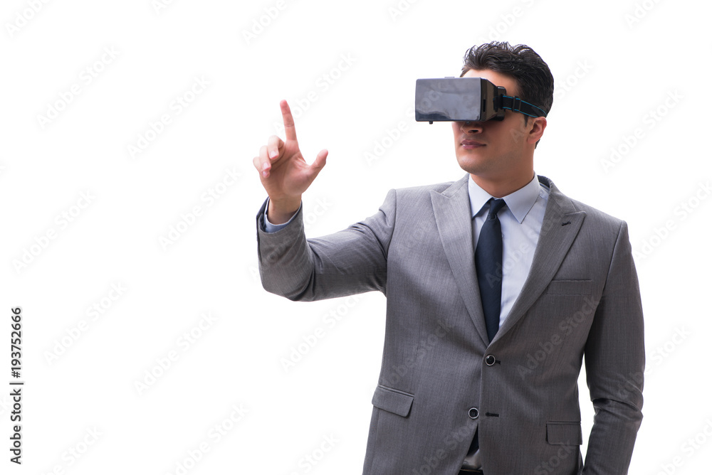 Businessman wearing virtual reality VR glasses isolated on white Businessman wearing virtual reality VR glasses isolated on white