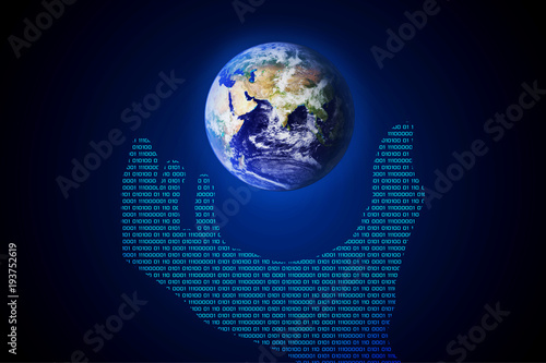 abstract technology concept hand binary and world on hi tech blue background.Elements of this image furnished by NASA