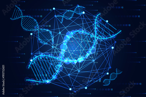 abstract technology science concept DNA and digital link on hi tech blue background