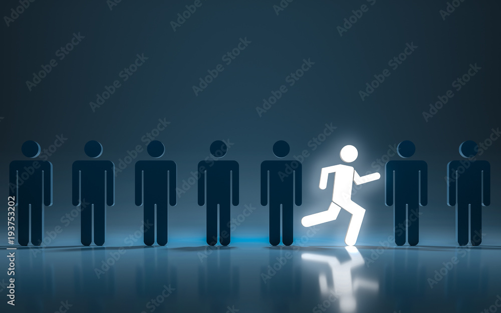 Stand out different concept. One glowing light man running among other people. 3d rendering Stand out different concept. One glowing light man running among other people. 3d rendering