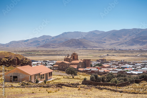 Aerial view of Pukara village with the church from the Archaeological Site. (Peru)