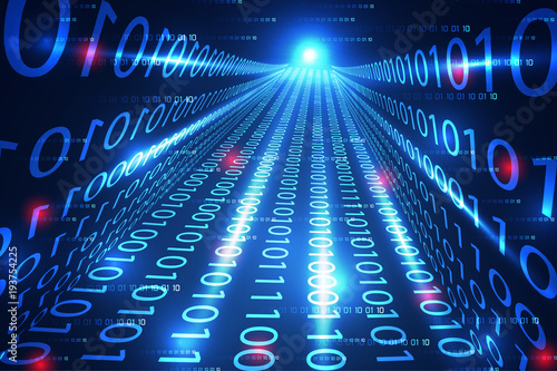 abstract technology concept binary bridge to the future hi tech light blue background, Roads of the future of the digital world and Light from the destination is like a technological breakthrough.