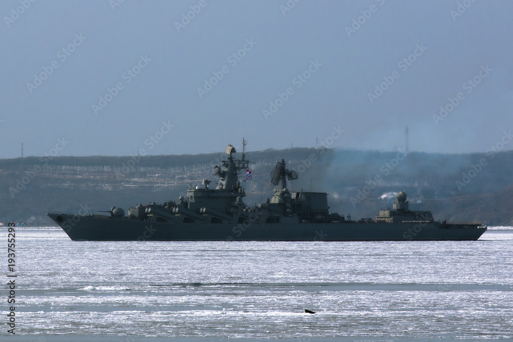 Russian missile cruiser in the frozen sea
