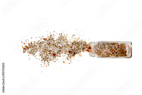 french seasoning. spilled salt and mix of pepper. Isolated on a white background.  top view, flat lay