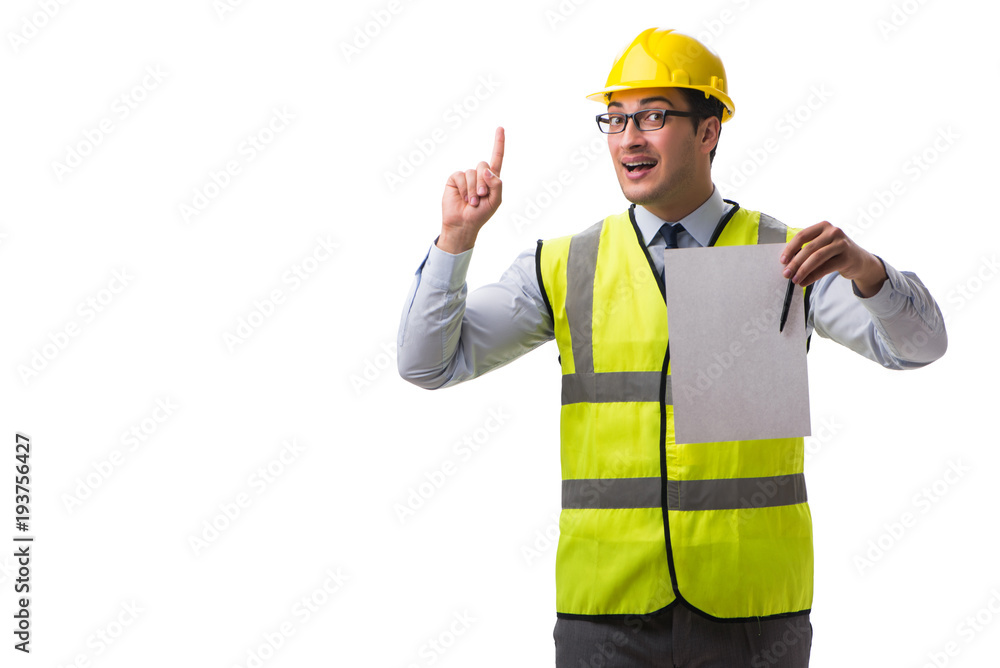 Construction supervisor with blank sheet isolated on white backg Construction supervisor with blank sheet isolated on white backg