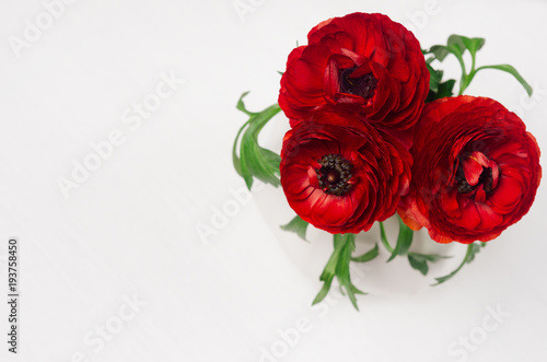 Luxury deep red three flowers in ceramic vase top view on white wood background. Romantic decor for holidays event.