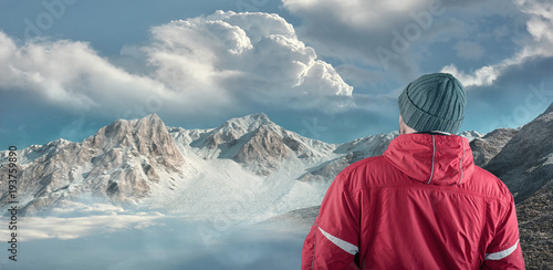 Hiker admire mountain scenery