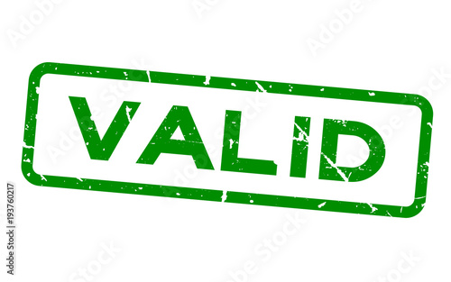 Grunge green valid square rubber seal stamp on white background